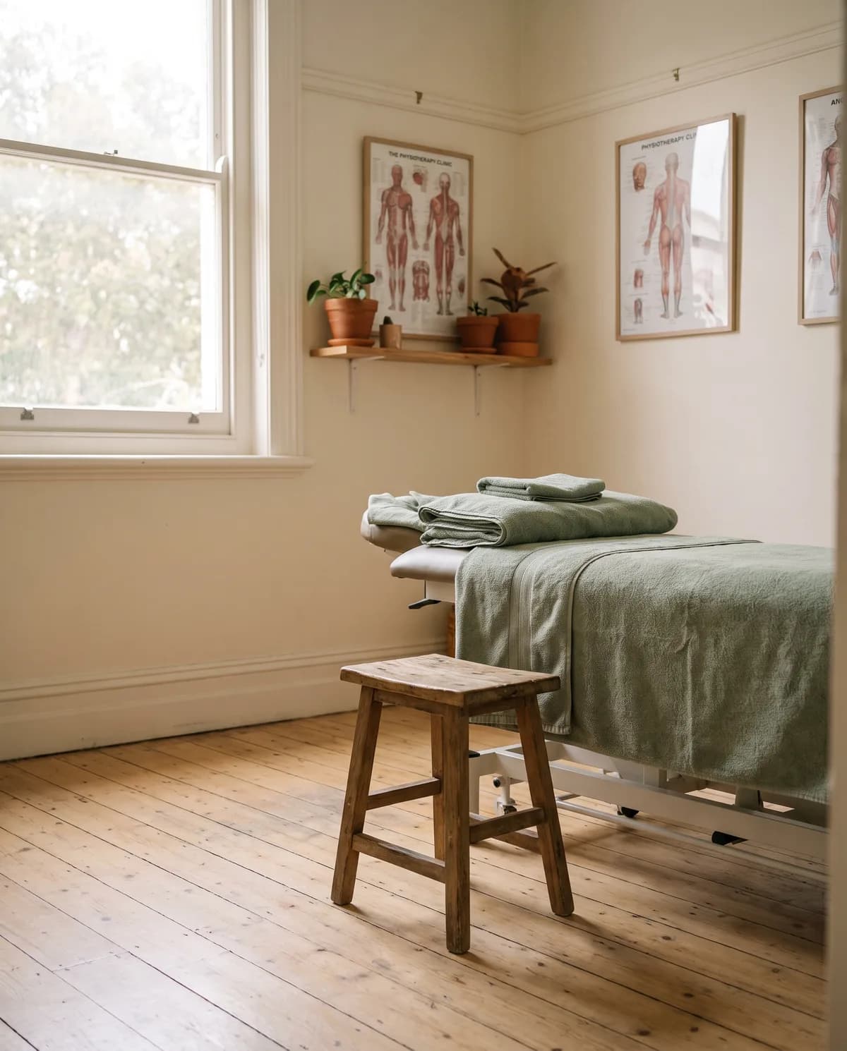 A treatment room at Northbridge Physio, with a treatment table and folded towels in morning light