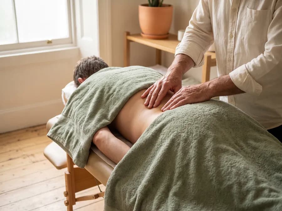 A physiotherapist assessing a patient's lower back on a treatment table