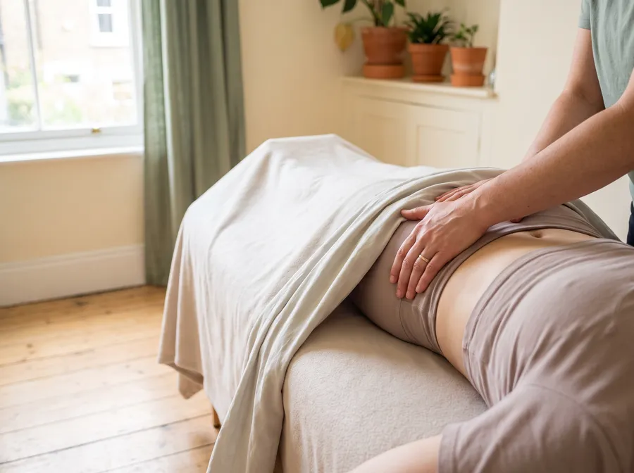 A physiotherapist assessing a patient's hip while they lie on their side