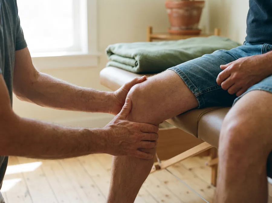 A physiotherapist testing a patient's knee while they sit on a treatment table
