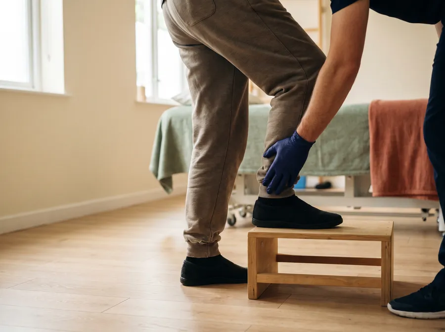 A patient stepping onto a rehabilitation box with a physiotherapist steadying their leg