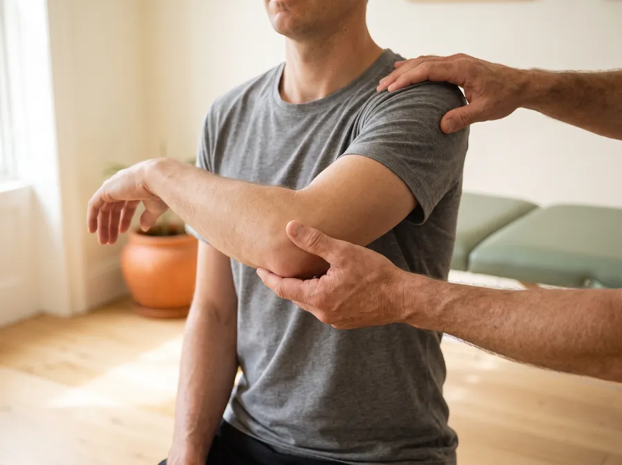 A physiotherapist guiding a patient's shoulder through its range of motion