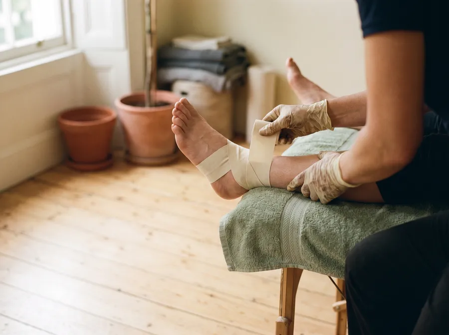 A physiotherapist applying strapping tape to an athlete's ankle
